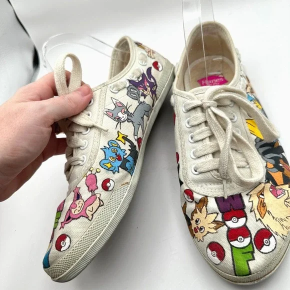 Hand Painted Pokemon Shoes Size 8 WIDE Custom Anime Manga Fan Art Canvas Comicon - Picture 7 of 11